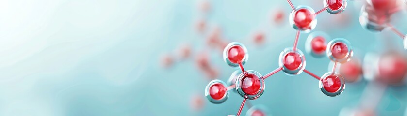 Abstract 3D rendering of a molecule, scientific background, red spheres connected by lines, blue background.
