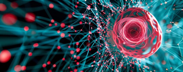 Abstract 3D molecule model on blue background.