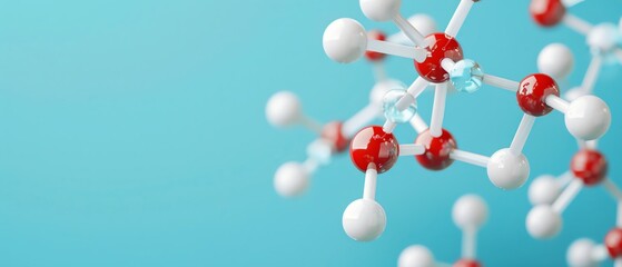 Abstract 3D rendering of a molecule with white and red spheres connected by bonds, set against a light blue background.