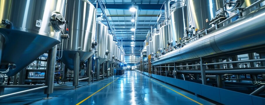 Modern fermentation room with high-tech tanks in an industrial facility