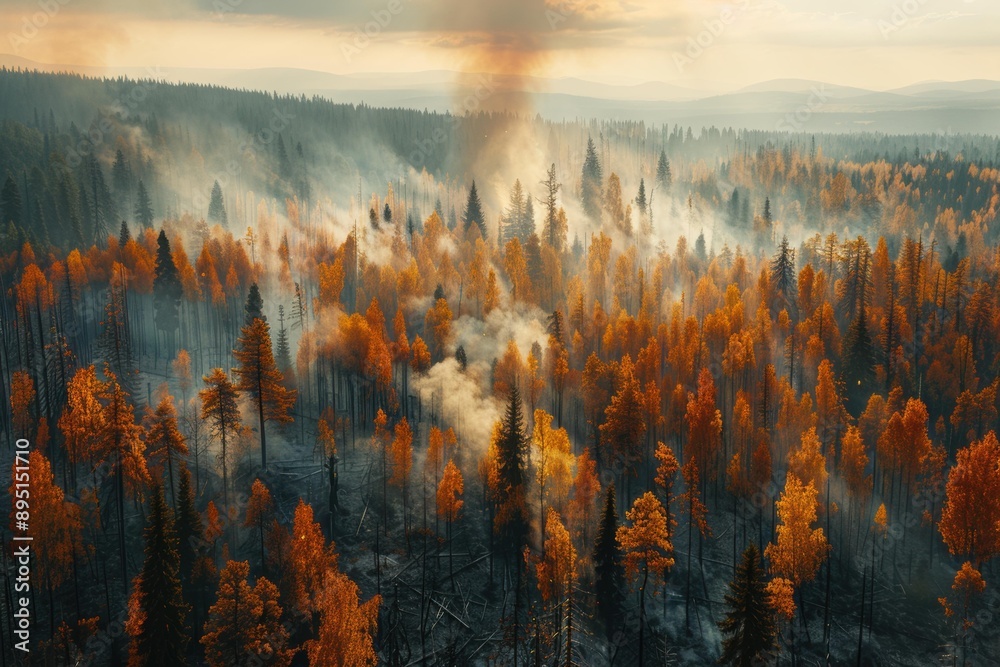 Wall mural A forest fire burns, creating a dramatic and smoky scene. AI.