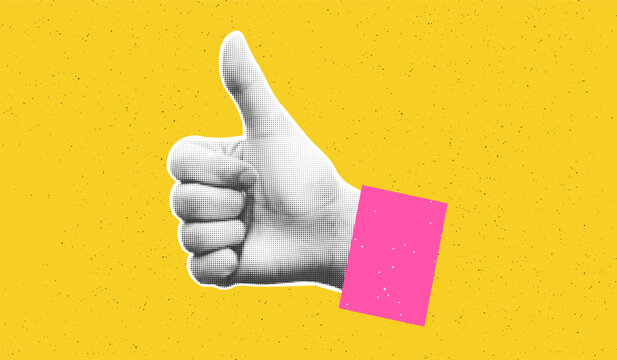 Collage element of halftone hand with thumb up against bold yellow textured background with copy space. Good, OK, okay, like sign. Cut out of magazine shape. Grunge modern retro vector illustration