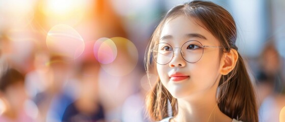 Fototapeta premium A young girl with glasses looks off to the side, her expression thoughtful. AI.