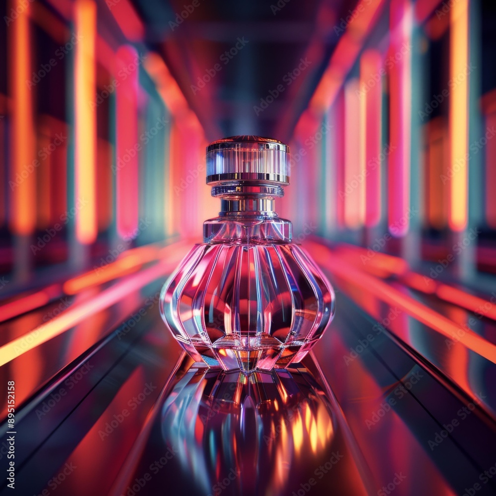 Poster A bottle of perfume sits in the middle of a reflective surface. AI.