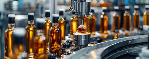 Modern high-tech labeling machine applying labels on bottles in an automated factory setting
