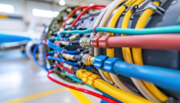 A close-up of a complex network of cables and connectors. AI.
