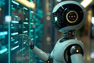 Close-up of a sleek AI robot using a holographic screen to attract the perfect candidate profiles for a futuristic staffing agency.