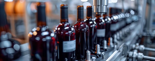 High-tech labeling machine applying labels to wine bottles in a modern factory setting
