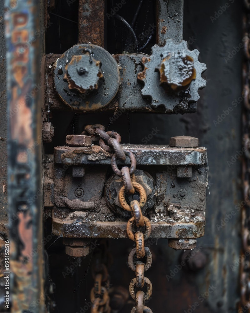 Poster A close-up of a rusty chain and gears. AI.