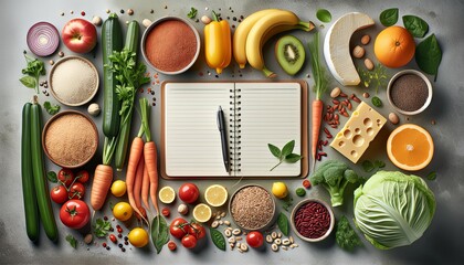 This Adobe Stock image features a variety of healthy foods arranged around an open notebook with a pen. The assortment includes vegetables like carrots, zucchini, tomatoes, and broccoli, as well as fr