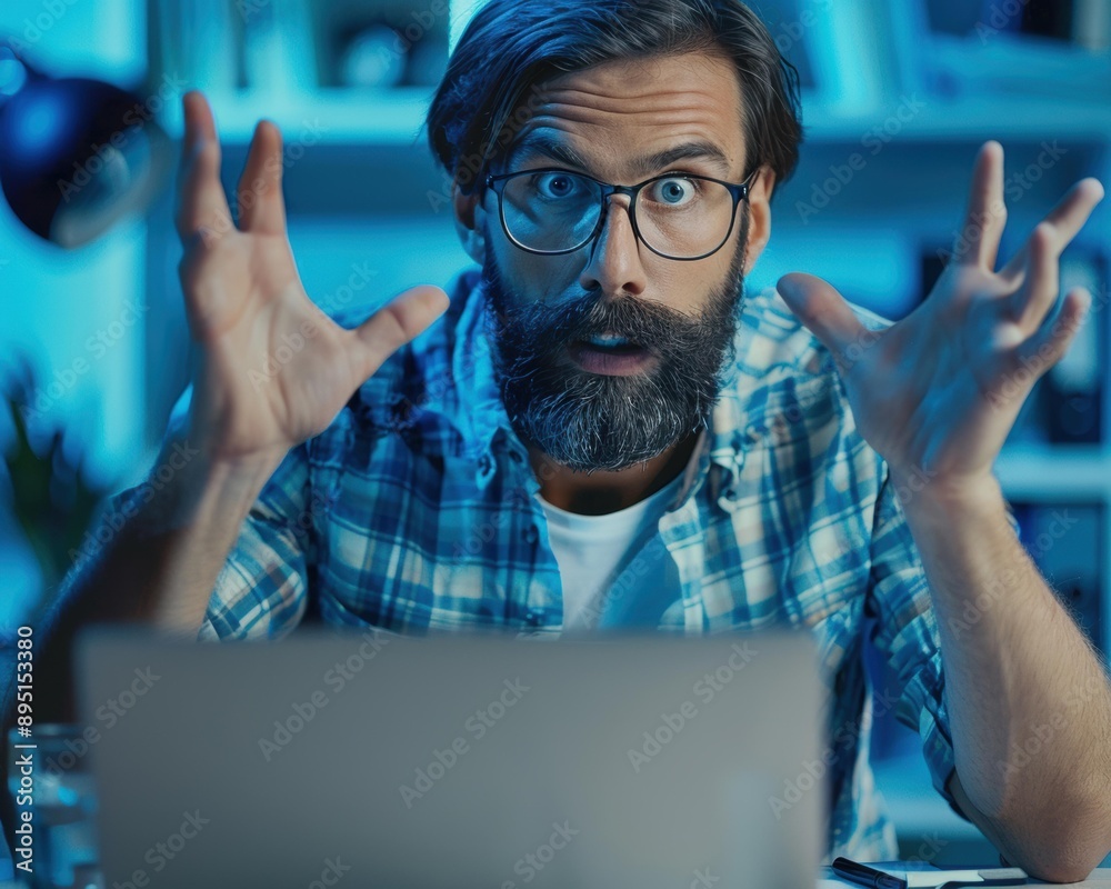 Canvas Prints A man is shocked and surprised while using his computer. AI.