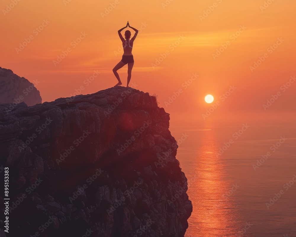 Poster A woman practices yoga on a cliff overlooking the ocean at sunset. AI.