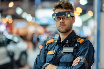 Fototapeta premium Portrait Of A Handsome Male Security Guard With Futuristic Augmented Reality Glasses Standing In Front Of A Electric Autonomous Vehicle.