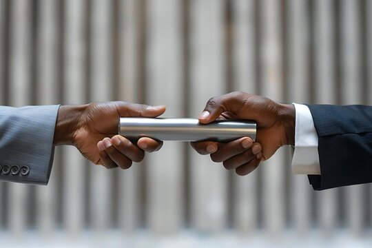 diverse pair of beautiful businessmen in sleek, modern attire pass a gleaming holographic relay baton as a symbol of teamwork and innovation in the future of business.