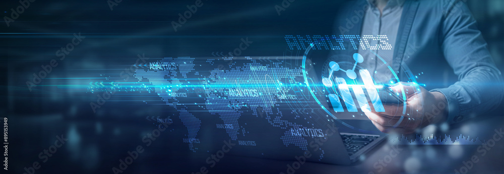 Poster businessman using laptop and mobile on global network connection of analytics integration, data-driv