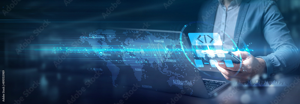Poster businessman using laptop and mobile on global network connection of data exchange, algorithm optimiz