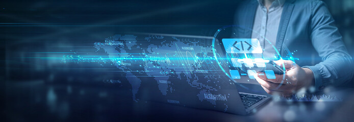 Businessman using laptop and mobile on global network connection of data exchange, algorithm optimization, and software development, Globalization processes and advanced technology.