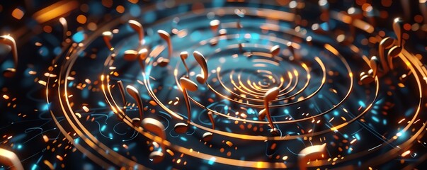 Abstract musical notes swirling in a golden vortex.