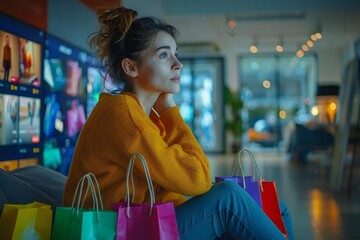 Beautiful woman with innovative holographic screens shopping online with AI assistance, surrounded by colorful shopping bags in a futuristic home setting.
