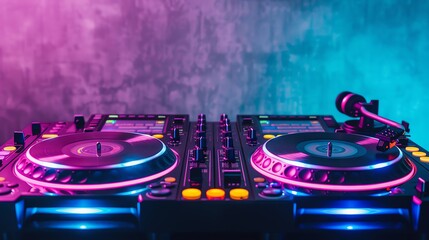 Digital 3D DJ turntable with neon lights, 3D background music, energetic and innovative