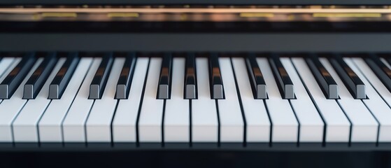 Close-up shot of piano keys, showcasing the black and white keys, ready for playing.