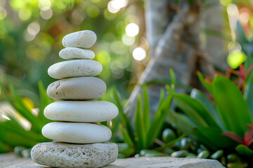 Obraz premium A stack of smooth white stones balanced in a serene garden setting, symbolizing balance and hope in the fight against lung cancer.