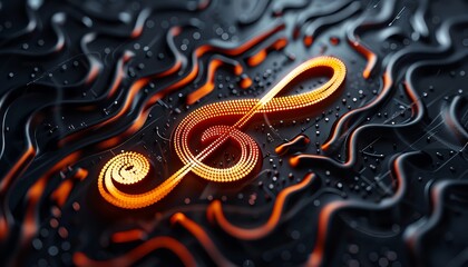 Abstract 3D rendering of a glowing treble clef on a metallic background.