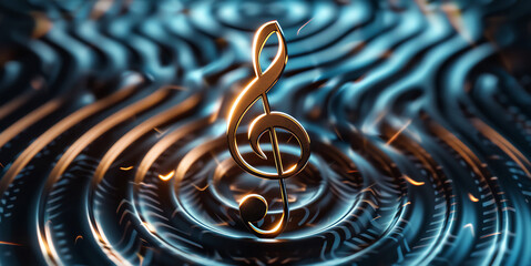 Glowing 3D treble clef surrounded by sound waves, 3D background music, elegant and striking