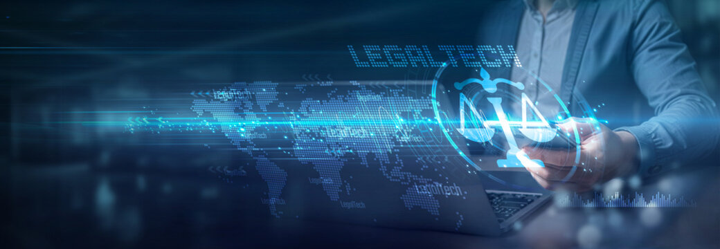 Businessman using laptop and mobile on global network connection of legal technology (legaltech), international compliance solutions. Legaltech technology, digital and secure communication