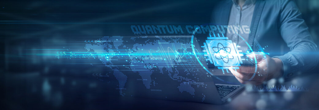 Businessman using laptop and mobile on global network connection of quantum computing applications, quantum communication systems, quantum encryption technology, and quantum data analytics. - Powered by Adobe