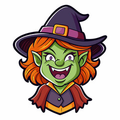 Character is a witch with green skin and fangs wearing a hat and cloak. Vector cartoon illustration 
