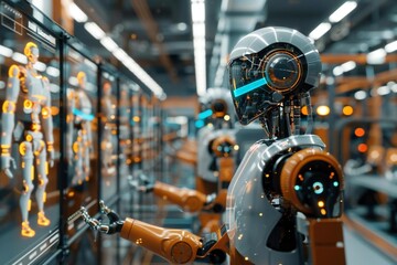 Fototapeta premium Close-up of AI-generated holographic screen projecting images of diverse robot models in a modern tech lab.