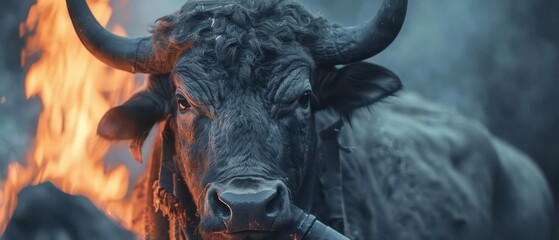 A buffalo dressed as a blacksmith is forging mystical weapons in a ghostly forge with copy space