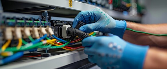 Technician wearing blue gloves plugging cable into network server. IT professional working in data center