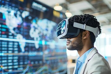 Midsection of businessman analyzing holographic financial data with AI assistant and virtual reality headset in futuristic office setting.