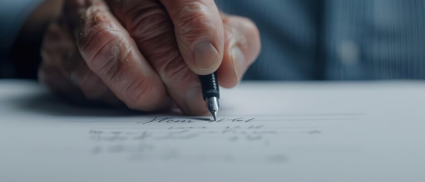 A clear depiction of a person signing their last will and testament, banner, with copy space