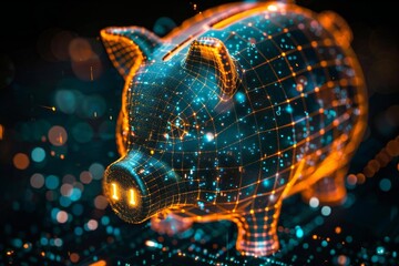 Closeup of a holographic piggybank with glowing plug on a futuristic digital screen against a sleek black background, symbolizing the integration of AI technology into personal finance
