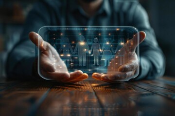 Cropped image of businessman using holographic screen to digitally protect and secure paper family at wooden table.