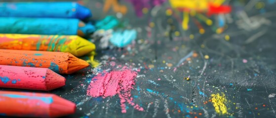 A creative sidewalk chalk art session with vibrant designs, banner, with copy space