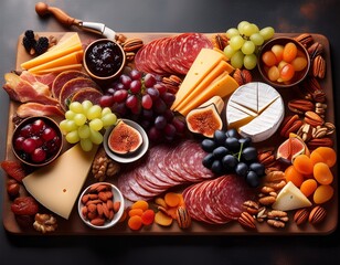 A beautifully arranged charcuterie board with an assortment of cheeses, cured meats, fruits