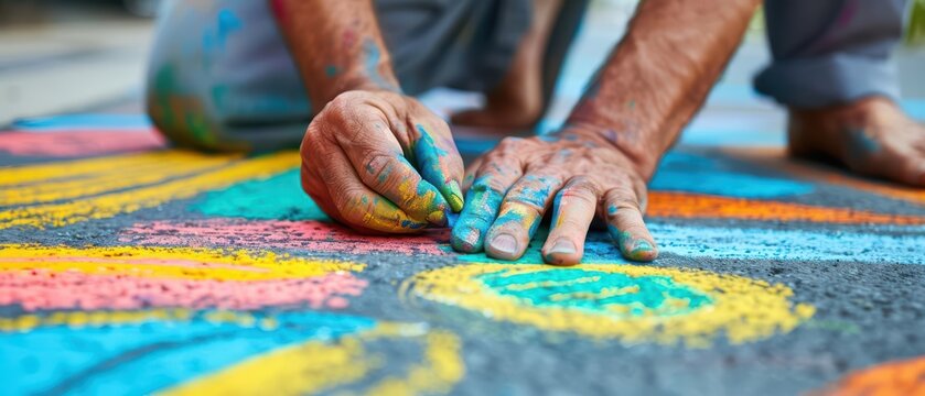 A creative sidewalk chalk art session with vibrant designs, banner, with copy space