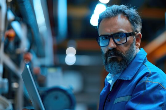 Man with beard and glasses working on laptop