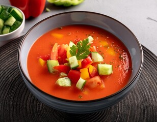 A bowl of vibrant gazpacho, garnished with diced cucumber, bell pepper, and a drizzle of oli
