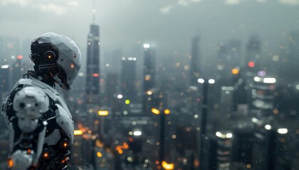 Naklejka premium Futuristic Robot Overlooking Cityscape.