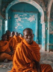 Naklejka premium A group of monks dressed in orange robes sit together in meditation.