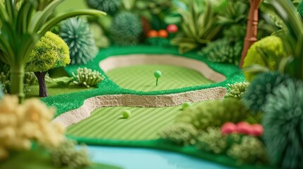 A fun mini golf course with whimsical obstacles and colorful greens, banner, with copy space