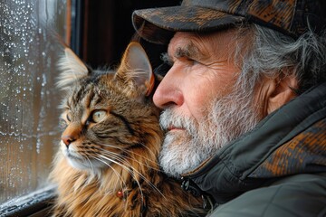 An elderly man with a long white beard and camo cap sits by a raindrop-covered window with a brown tabby Maine Coon cat on his lap, both gazing thoughtfully outside