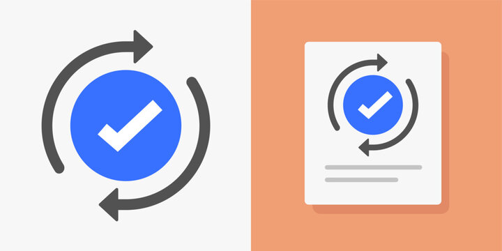 Update transaction icon vector, rotating check mark tick as automatic pay graphic illustration set flat cartoon, sync verification spin cycle logo image clip art