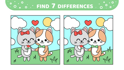 Find 7 differences. Cats on the walking. Game for kids. Cartoon, vector
