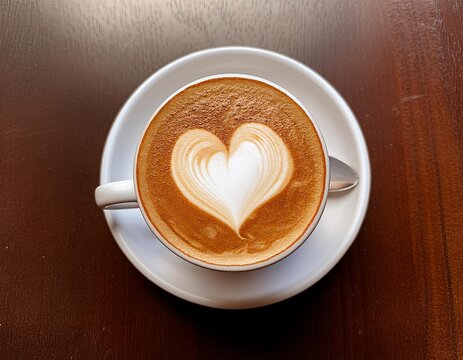 A classic cappuccino with a heart-shaped latte art design on top of the frothy milk.